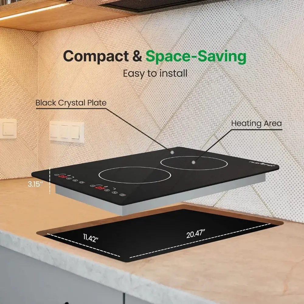 Induction Cooktop- 2 Glass Induction Burner Zones with Adjustable Temperature Settings-1800W Cooker with Digital Touch Sensor