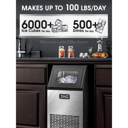 Commercial Ice Maker,100 lbs, 2-Way Add Water, Self-Cleaning, with 24 Hour Timer,33 lbs Basket, Stainless Steel Ice Makers