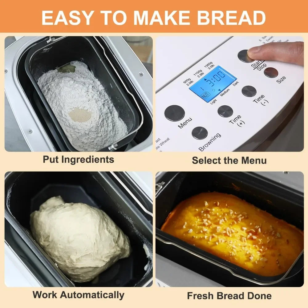 Gluten free bread maker with fruit and nut dispenser, 14 in 1 bread maker with dual paddle programmable 3 shell colors, white