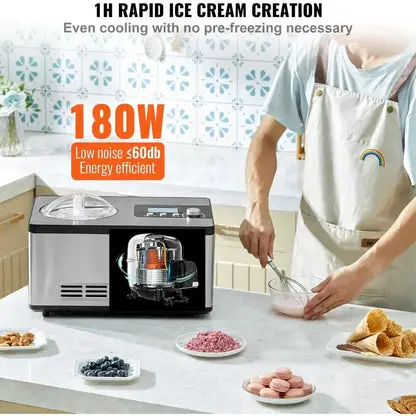 Automatic Ice Cream Maker with Built-in Compressor, 2 Quart No Pre-freezing Fruit Yogurt Machine,3 Modes with LCD Display &Timer