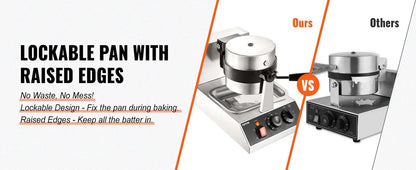 Commercial Waffle Maker, 1300W Round, Non-Stick Rotatable Waffle Baker Machine, Teflon-Coated Baking Pan Stainless Steel Body