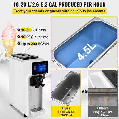 Commercial Ice Cream Maker, Countertop Soft Serve Machine with 4.5L Hopper 1.6L Cylinder Touch Screen Puffing Shortage Alarm