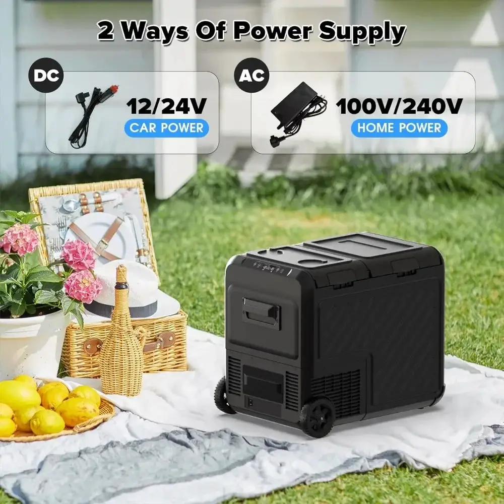 48 quart portable car refrigerator, dual zone freezer (-8 ° F~68 ° F), compressor electric cooler with 12/24V DC, 100-240V AC