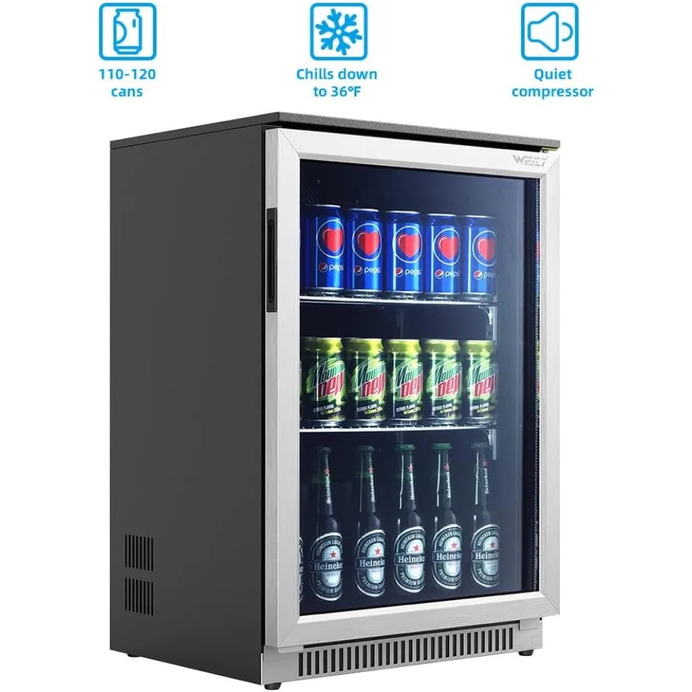 20-calowa lodówka na napoje ze szklanymi drzwiami, 120-puszek mini lodówka z niebieskim światłem LED do piwa, 36-50°F pod chłodnicą, automatyczne rozmrażanie