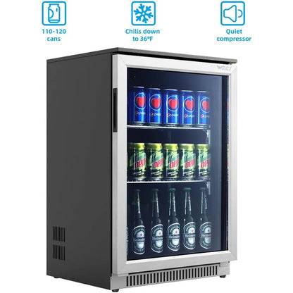 20 Inch Beverage Fridge with Glass Door, 120 Can Mini Fridge with Blue LED Light for Beer, 36-50°F Under Cooler, Auto Defrost