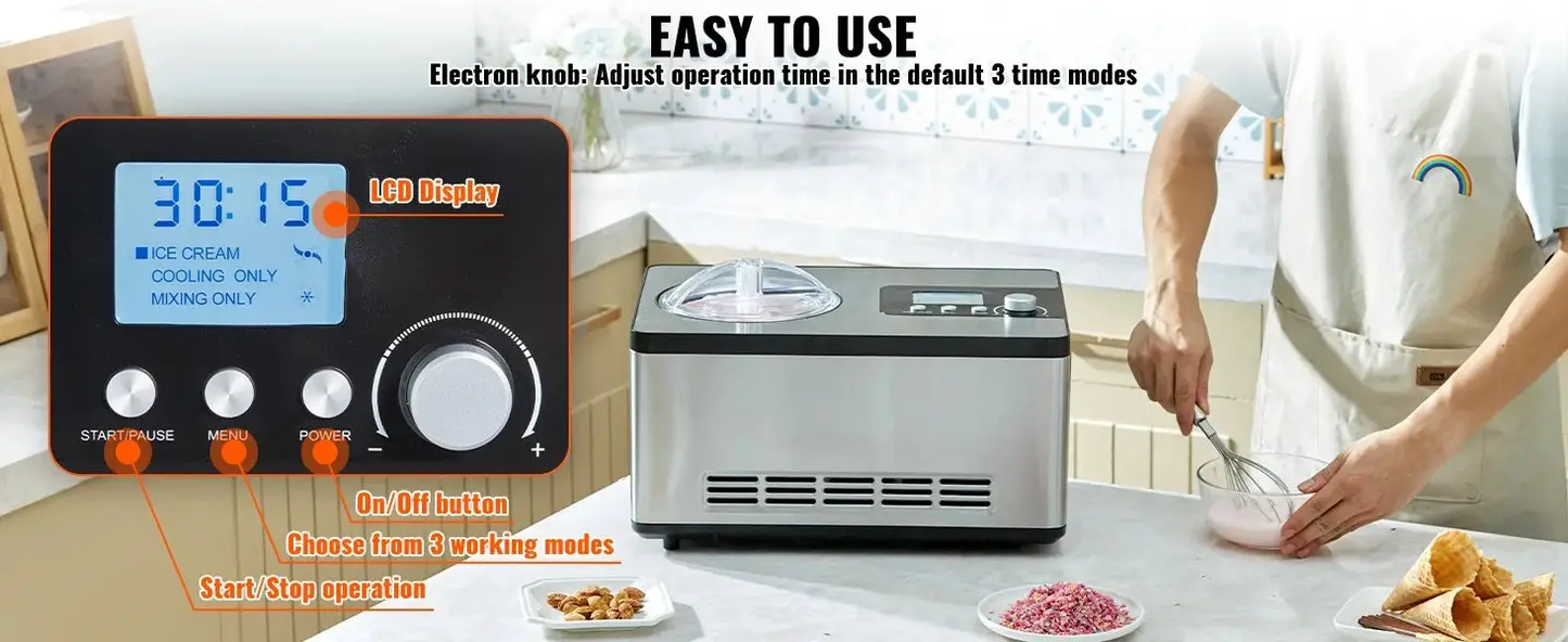 Automatic Ice Cream Maker with Built-in Compressor, 2 Quart No Pre-freezing Fruit Yogurt Machine,3 Modes with LCD Display &Timer