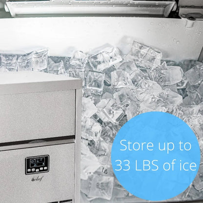 Commercial Ice Maker 99lb Every 24 Hours 33lb Storage Capacity, Stainless Steel, Includes Connection Hoses and Ice Scoop