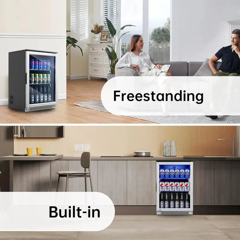 120 Can Mini Fridge with Glass Door, 20 Inch Beverage Fridge with Lock & LED Light, Auto Defrost, 36-50°F Freestanding Cooler