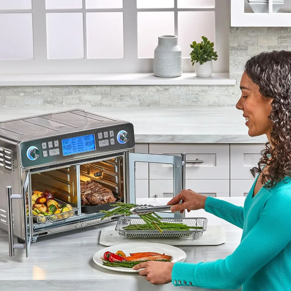 Piekarnik dwustrefowy 360 Air Fryer Combo z drzwiami francuskimi, 25 QT, umożliwiający jednoczesne przyrządzanie dwóch potraw na dwa różne sposoby