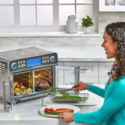 Dual Zone 360 Air Fryer Oven Combo with French Door, 25 QT, Meals to Cook Two Foods in Two Different Ways at The Same Time