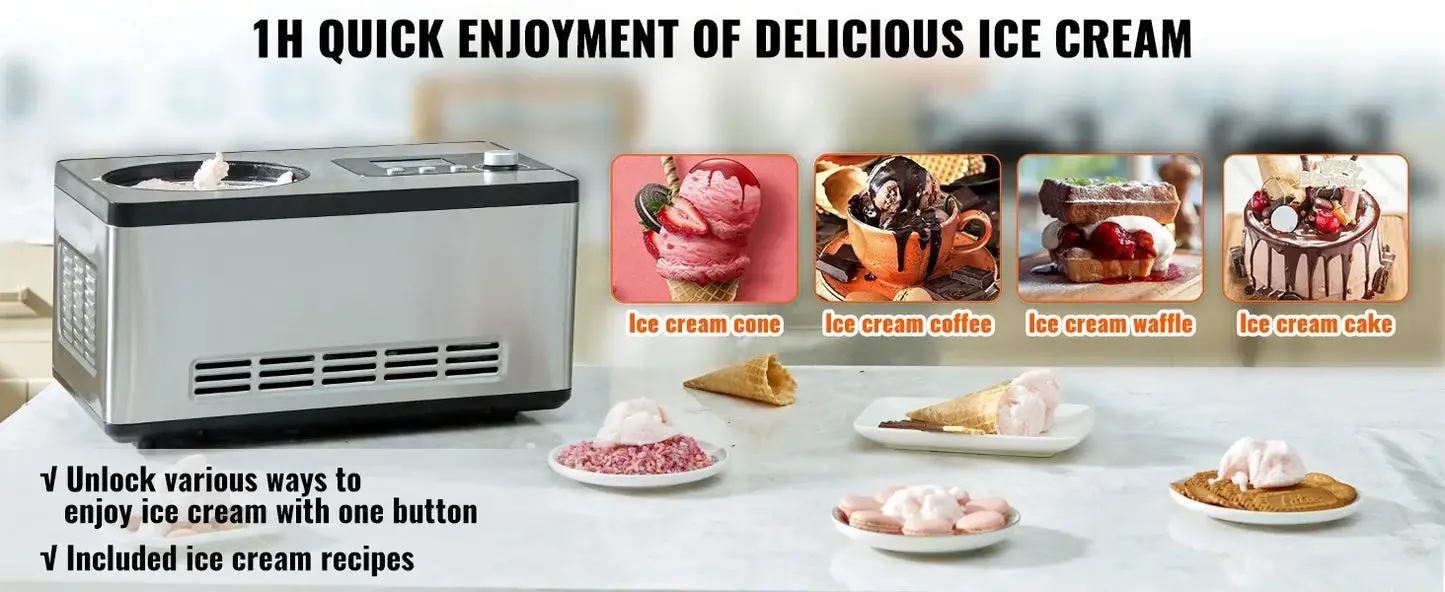 Automatic Ice Cream Maker with Built-in Compressor, 2 Quart No Pre-freezing Fruit Yogurt Machine,3 Modes with LCD Display &Timer