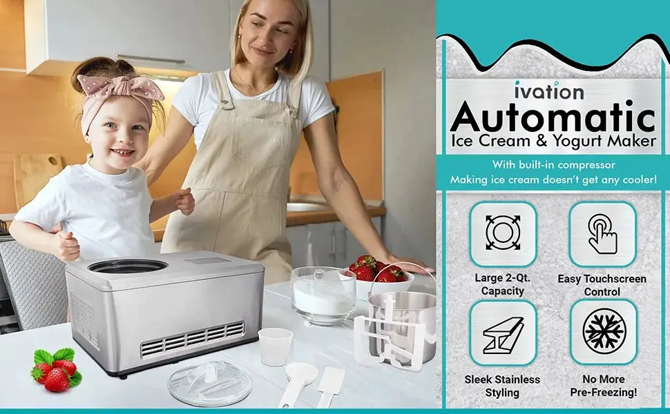 2 Qt Automatic Ice Cream Maker Machine, No Pre-freezing Necessary with Built-in Compressor, Stainless Gelato & Yogurt Machine