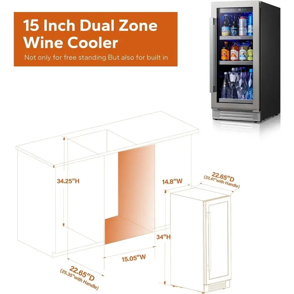 Independent 15 inch beverage refrigerator, capable of storing 100 cans of beverages. Refrigerator 34 ° F -54 ° F