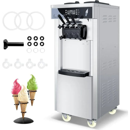 Commercial soft ice floor standing ice cream machine, 3 flavors, 2 hoppers, 3 dispensers, used in restaurants and snack shops