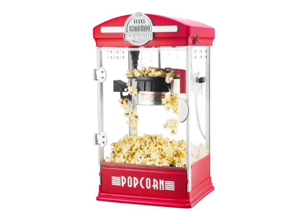Maszyna do popcornu - staromodna maszyna do popcornu z czajnikiem o pojemności 4 uncji, kubkami pomiarowymi, łyżką i kubkami do serwowania (czerwona)