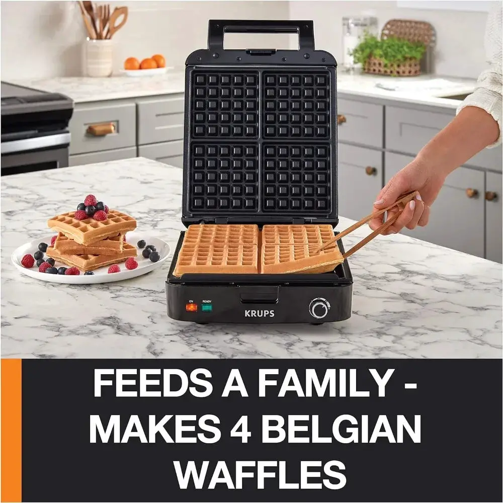 Breakfast Set Stainless Steel Waffle Maker 4 Section 1200 Watts Square, 5 Browning Levels, Removable Plates, Dishwasher Safe