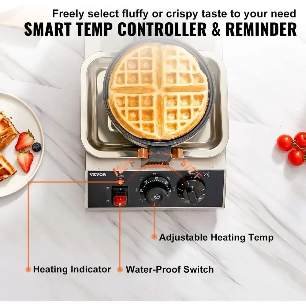 Commercial Waffle Maker, 1300W Round, Non-Stick Rotatable Waffle Baker Machine, Teflon-Coated Baking Pan Stainless Steel Body