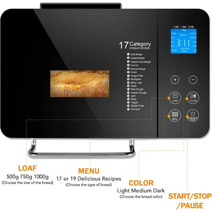 Stainless steel bread maker, 2-pound 17-in-1 programmable XL bread maker, non stick ceramic disc and digital touch screen