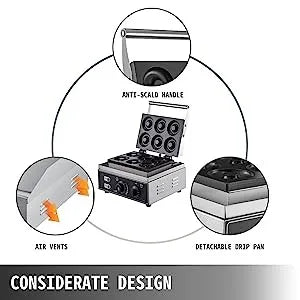 Commercial Waffle Donut Machine 6 Holes Double-Sided Heating 50-300℃, Electric, 1550W, Non-stick Donut Maker Teflon-Coating