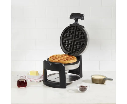 Round Flip Belgian Waffle Maker, Black/Silver, 1 inch thick, waffle maker mini