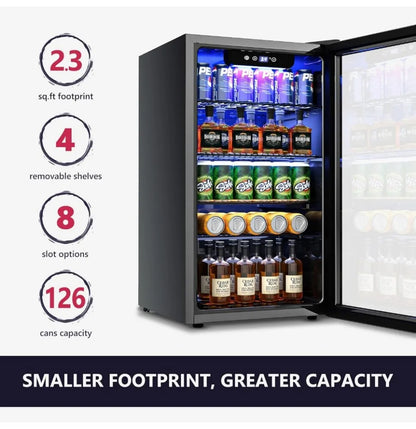 Beverage Refrigerator Cooler - 126 Can Mini Fridge with Glass Door for Soda Beer or Wine, with Adjustable Removable Shelves