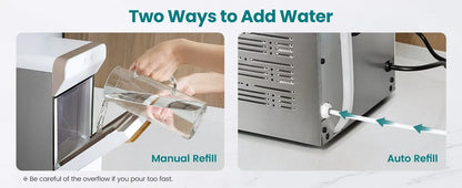 Countertop Nugget Ice Maker, Self-Cleaning Pellet Ice Machine, Open and Pour Water Refill, Stainless Steel Housing