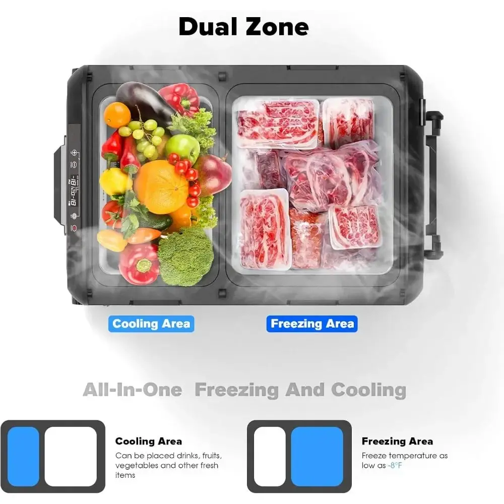 48 quart portable car refrigerator, dual zone freezer (-8 ° F~68 ° F), compressor electric cooler with 12/24V DC, 100-240V AC