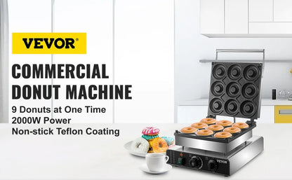 Electric Donut Maker, 9 Holes Commercial Donut Machine, 2000W, Double-Sided Heating, with Non-stick Teflon Coating