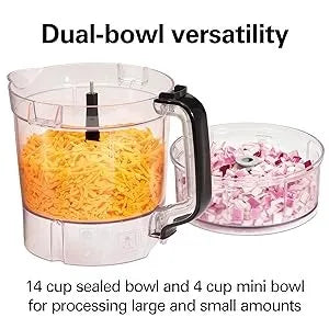 Food Processor and Vegetable Chopper, BPA Free, Stainless-Steel Blades, 14 Cup + 4-Cup Mini Bowls, 3-Speed 500-Watt Motor, Black