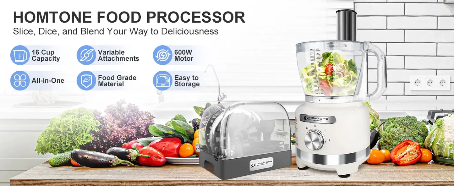 16 Cup Food Processor with Storage Box, 10-in-1 Electric Vegetables Chopper for Slicing, Dough, Extra-Large 3" Feed Chute, 600W