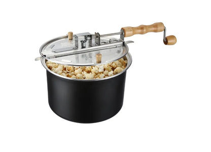 Stovetop Popcorn Maker – 6.5-Quart Popper Pan with Wooden Crank Handle and Internal Kernel Stirrer (Black)