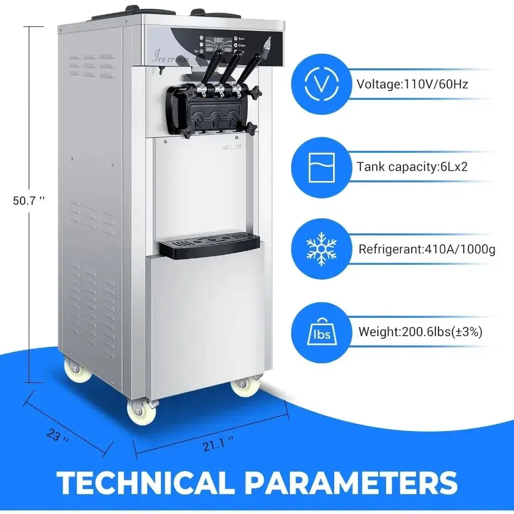 Commercial soft ice floor standing ice cream machine, 3 flavors, 2 hoppers, 3 dispensers, used in restaurants and snack shops