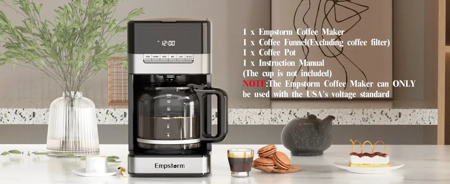 Programmable Drip Coffee Maker 4-12 Cup with Glass Carafe, 4-Hour Auto Shut Off & Keep Warm, Anti-Drip System, Strong Brew