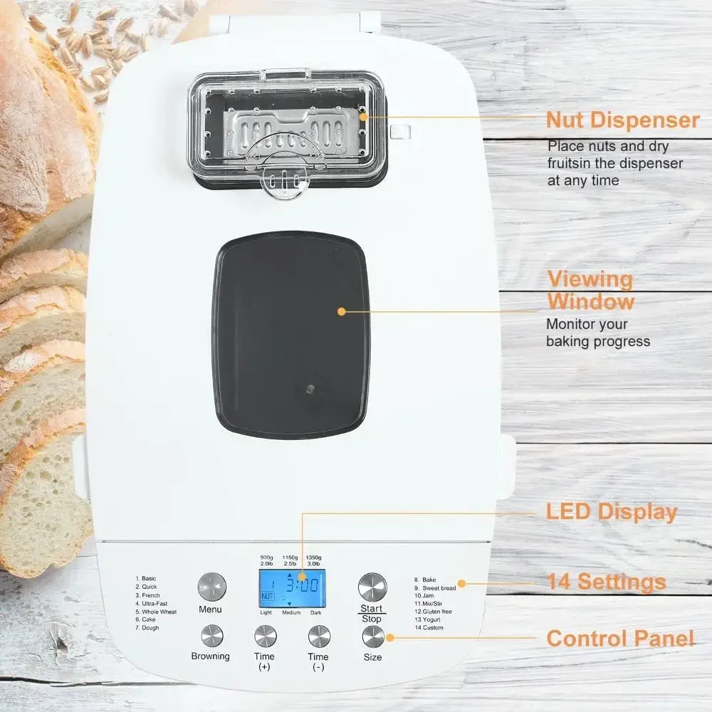 Gluten free bread maker with fruit and nut dispenser, 14 in 1 bread maker with dual paddle programmable 3 shell colors, white