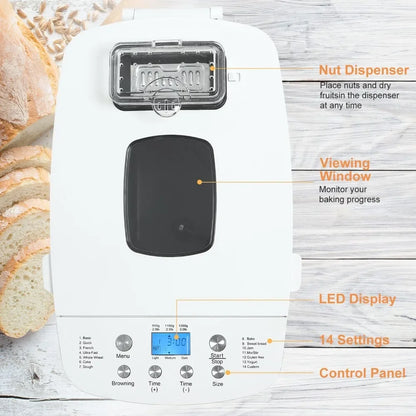 Gluten free bread maker with fruit and nut dispenser, 14 in 1 bread maker with dual paddle programmable 3 shell colors, white