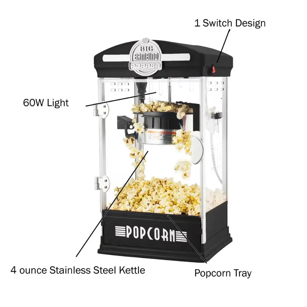 Retro Tabletop Popcorn Popper - 4-oz Stainless-Steel Kettle, Measuring Cups, Bags, and Removable Tray (Black)