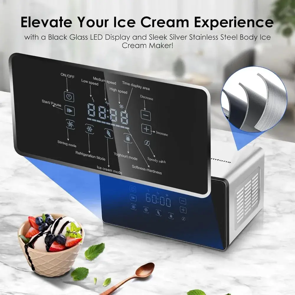 1.6 Quart Ice Cream Maker Machine LCD Touch Screen with Compressor, 4 Modes, Adjusted Speed Frozen Ice Cream Yogurt Machine