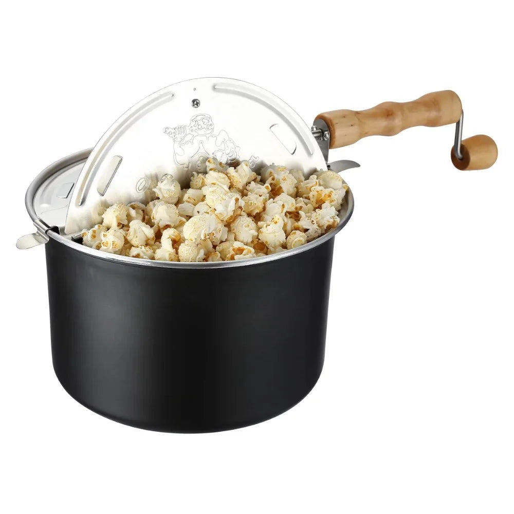 Maszyna do popcornu na kuchence – 6,5-kwartowa patelnia do popcornu z drewnianą korbką i wewnętrznym mieszadłem do ziaren (czarna)