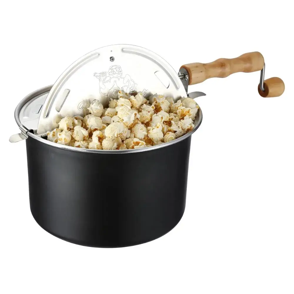 Stovetop Popcorn Maker – 6.5-Quart Popper Pan with Wooden Crank Handle and Internal Kernel Stirrer (Black)