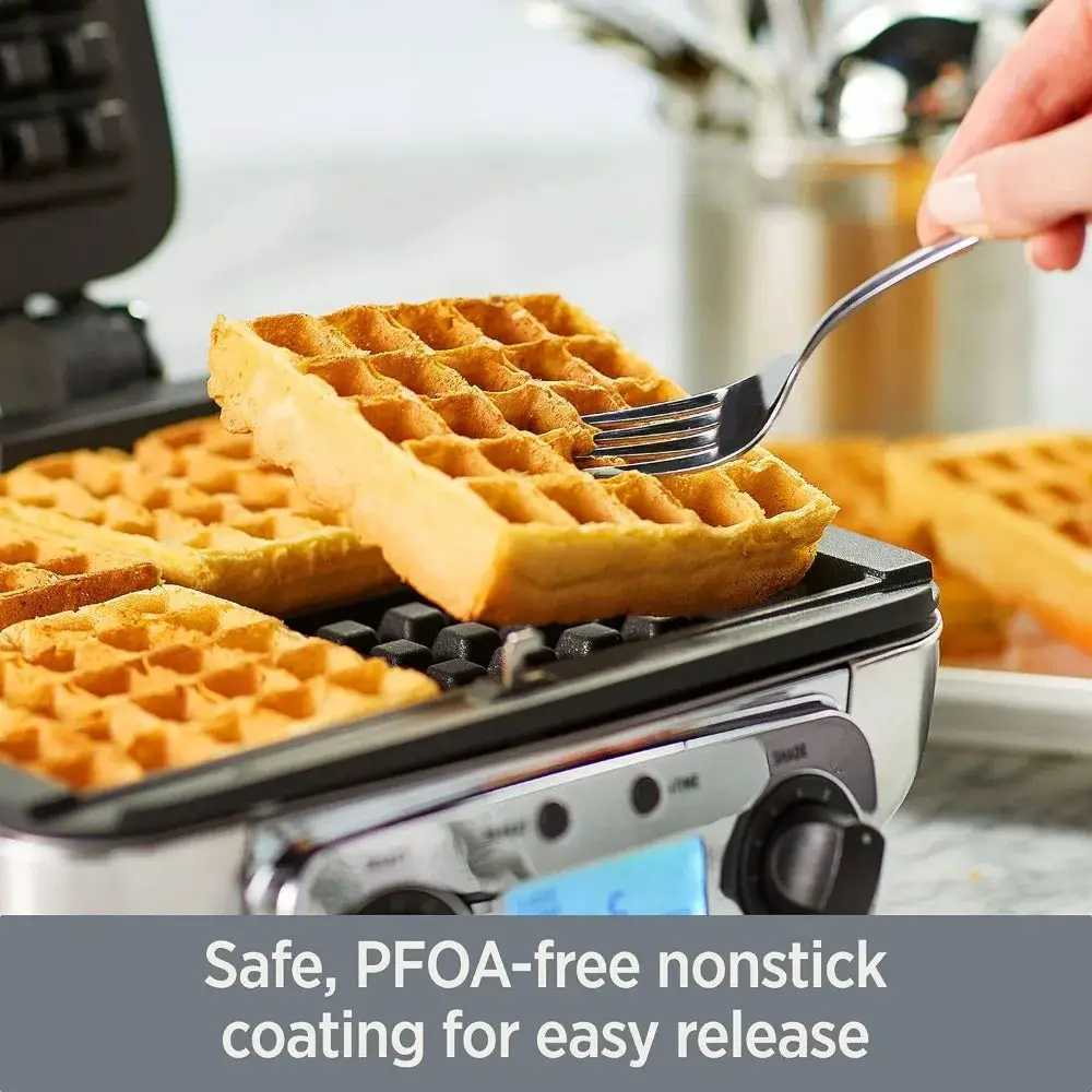 Gourmet Digital Waffle Maker with Removable, Dishwasher-safe Plates. 4 slices, coated with a PFOA-free nonstick, Silver