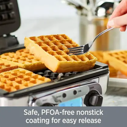 Gourmet Digital Waffle Maker with Removable, Dishwasher-safe Plates. 4 slices, coated with a PFOA-free nonstick, Silver