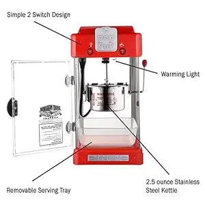 Pop Pup Countertop Popcorn Machine – Maszyna do popcornu stołowego, robi 1 galon – czajnik 2,5 uncji, tacka na popcorn, lampka grzewcza i łyżka, czerwony