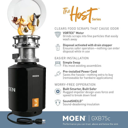 Moen Host Series Disposer with Control Activation 3/4 HP Garbage Disposal with Sound Reduction, Power Cord Included, GXB75C