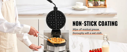 Commercial Waffle Maker, 1300W Round, Non-Stick Rotatable Waffle Baker Machine, Teflon-Coated Baking Pan Stainless Steel Body