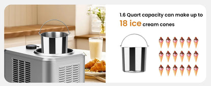 1.6 Quart Ice Cream Maker Machine with Built-in Compressor, Fully Automatic and No Pre-freezing, Frozen Yogurt, Keep-cooling