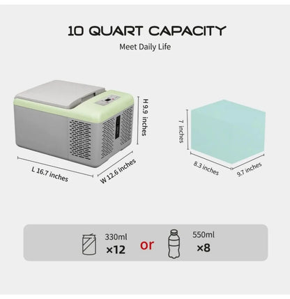 Mini Portable Freezer, 12 Volt Car Refrigerator, 10 Quart Fast Cooling, with 12/24V DC and 100-240V AC for Outdoor, Camping, RV