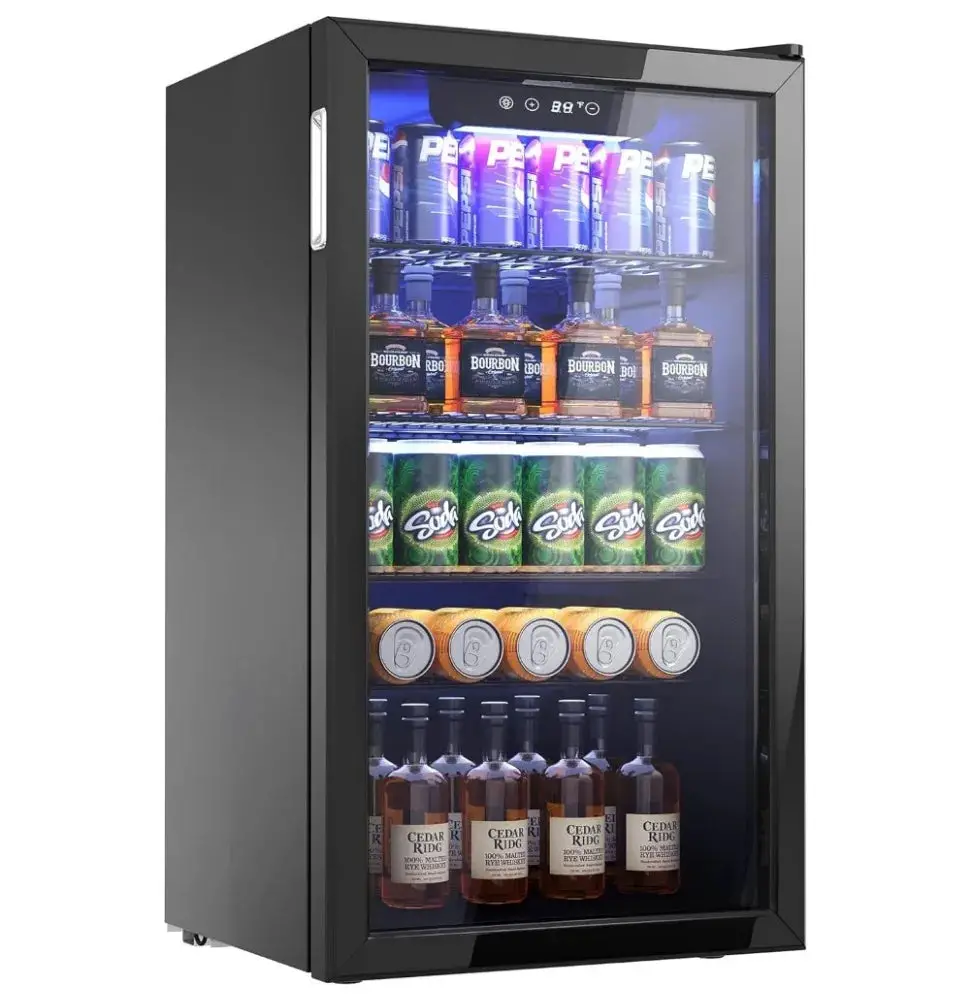 Beverage Refrigerator Cooler - 126 Can Mini Fridge with Glass Door for Soda Beer or Wine, with Adjustable Removable Shelves