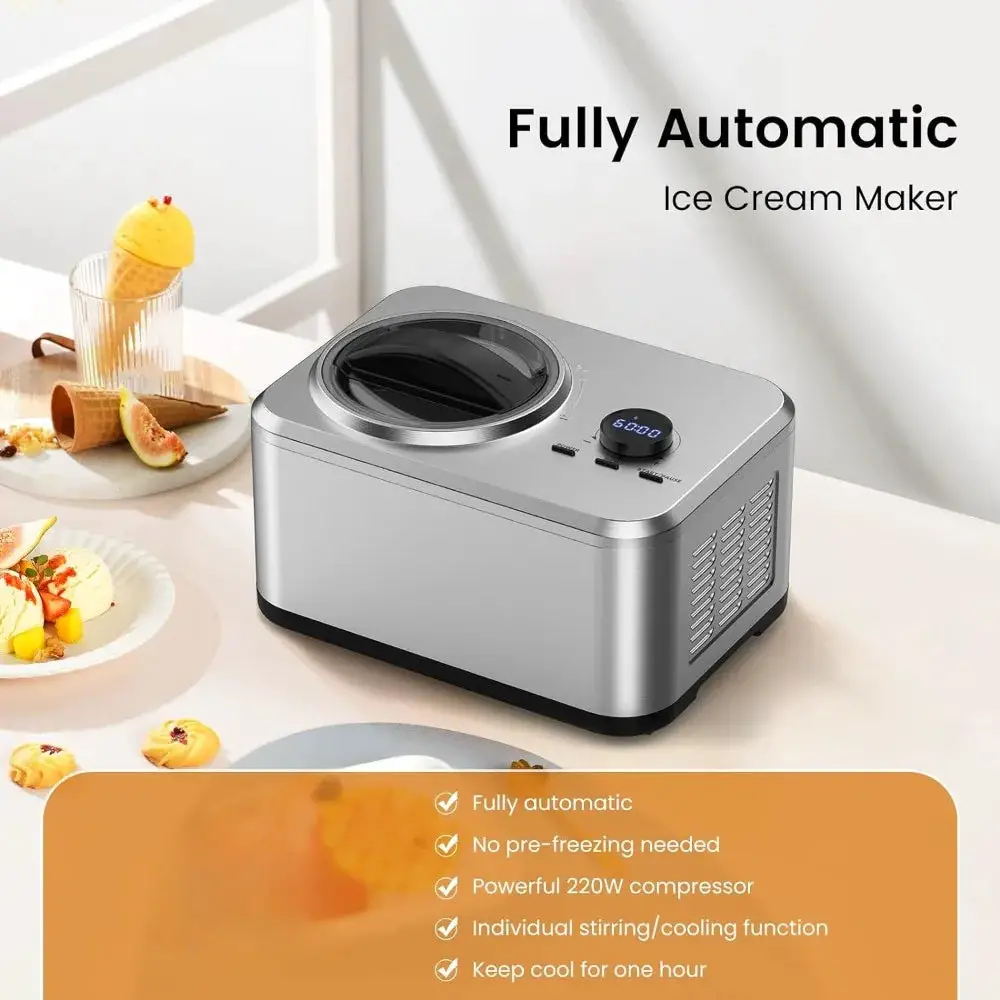 1.6 Quart Ice Cream Maker Machine with Built-in Compressor, Fully Automatic and No Pre-freezing, Frozen Yogurt, Keep-cooling