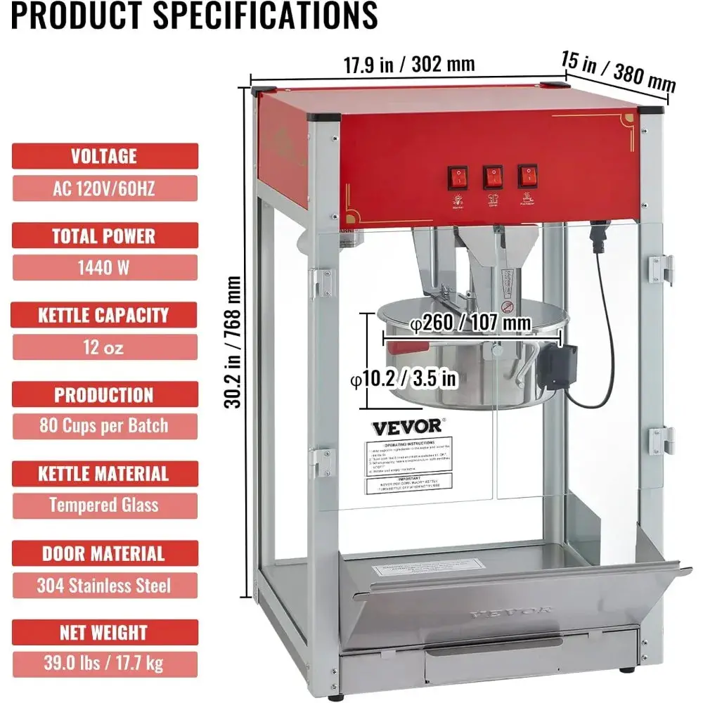 Commercial Popcorn Machine, 12 Oz Kettle, 1440 W Countertop Popcorn Maker for 80 Cups per Batch, with 3-Switch Control, Red