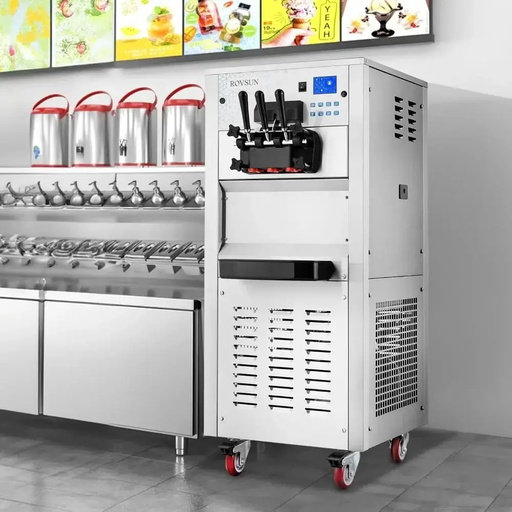 Commercial ice cream machine 10.6 gallons/hour with wheels, 3 flavors, LCD touch screen automatic cleaning, 2600W